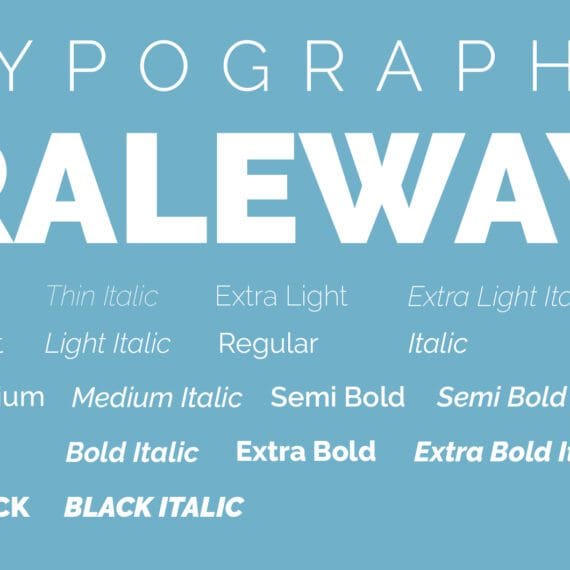 Typography reference chart displaying Raleway font with various weights and styles on a blue background