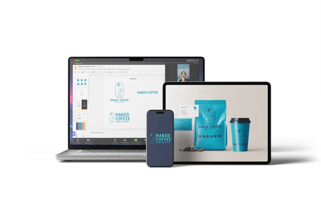 Display of a laptop, smartphone and coffee packaging featuring the Naked Coffee logo on a transparent background, illustrating brand collateral design.