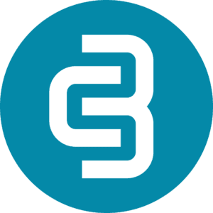 Circular teal logo featuring an interlocking white C and B monogram on a transparent background