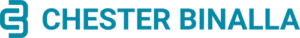 Teal monogram with the letters C and B connected followed by the words 'Chester Binalla' in uppercase sans-serif on a transparent background
