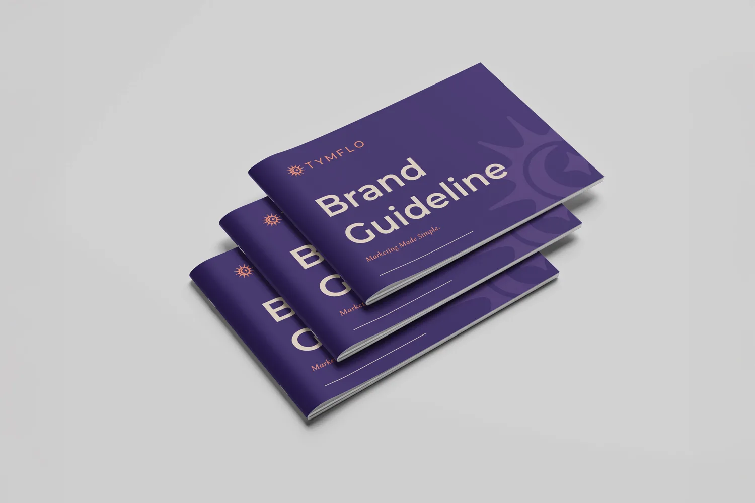 Stack of three TymFlo brand guideline booklets with purple covers featuring the sunburst logo and title 'Brand Guideline: Marketing made simple'