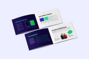 Brand guidelines spread for Yelsa showing primary and secondary colours, iconography grid, and accents and elements on purple and white pages