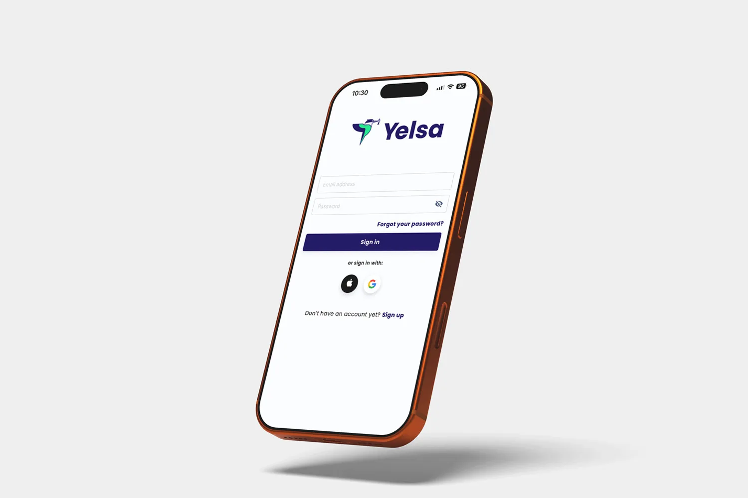 3D smartphone mockup angled to display the Yelsa app login screen on a white background