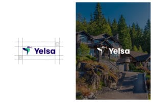 Two-panel design showing Yelsa logo construction grid and the Yelsa wordmark overlaid on a photo of a modern hillside house with rocky landscape
