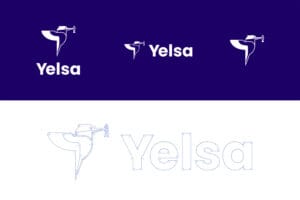 Yelsa logo variations displayed on a dark purple banner with the bird icon, standalone wordmark and emblem, plus an outlined logo construction drawing on white background