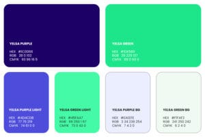 Yelsa brand color palette with swatches labeled purple, green, purple light, green light, purple background and green background plus HEX, RGB and CMYK values