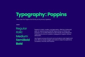 Brand typography guidelines for Yelsa featuring Poppins font with weights regular, italic, medium, semibold, bold and description on a purple background