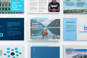 Brand guidelines spread with mountain landscape imagery, diagrams, and content blocks for the Breadcrumb brand guidelines book