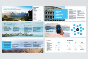 Brand guidelines spread featuring introduction text, travel imagery, brand story, messaging, and logo variations for the Breadcrumb brand