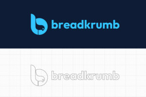 Two versions of the stylized Breadcrumb logo: colored icon and wordmark on dark blue, and line art on a grid background.